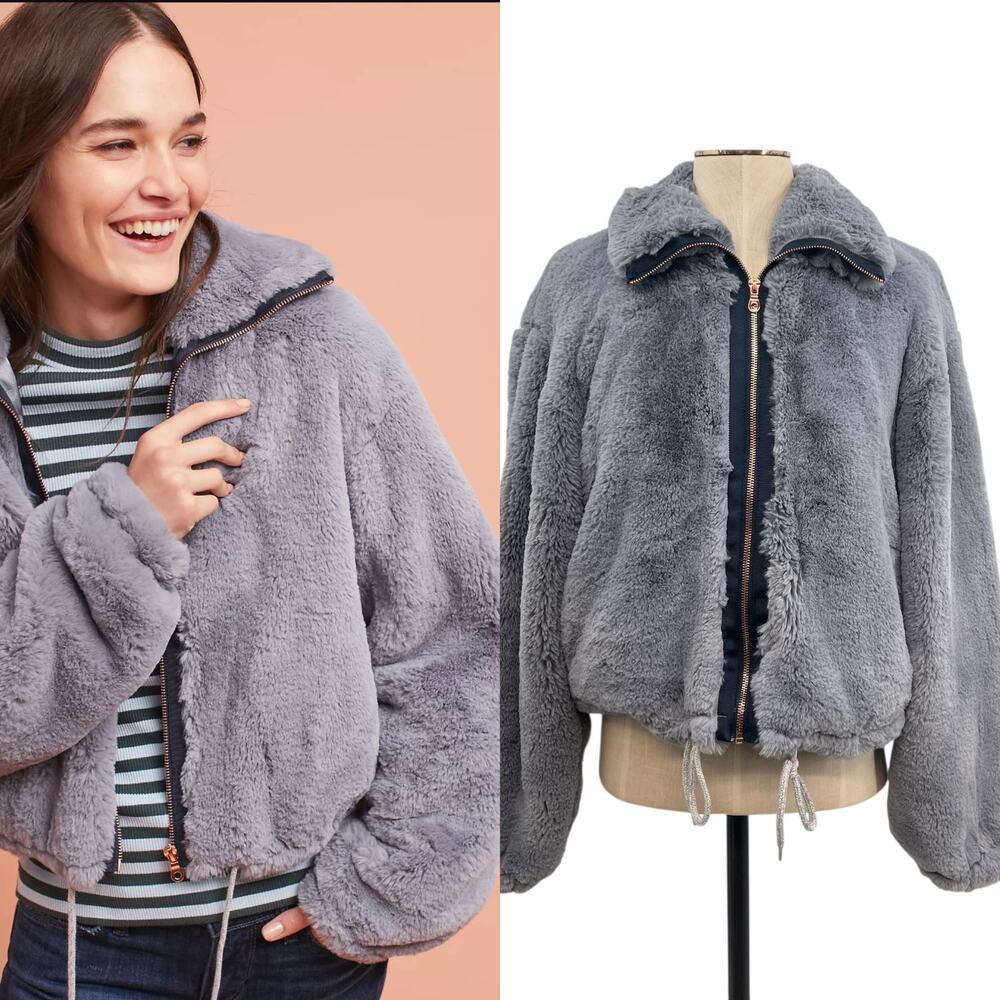 Anthropologie Elevenses Bristol Faux Fur Jacket Blue Gray Size Small